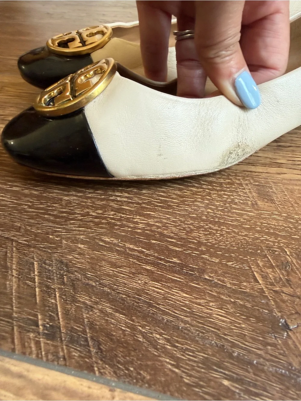 Tory Burch Two-Tone Cream and Black Leather Logo Ballet Flats